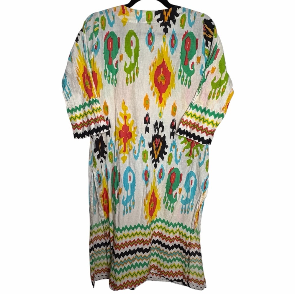 Boho Festival Geometric Tunic Resort Ikat Embroidered 100% Cotton Blouse Size L - Picture 5 of 10
